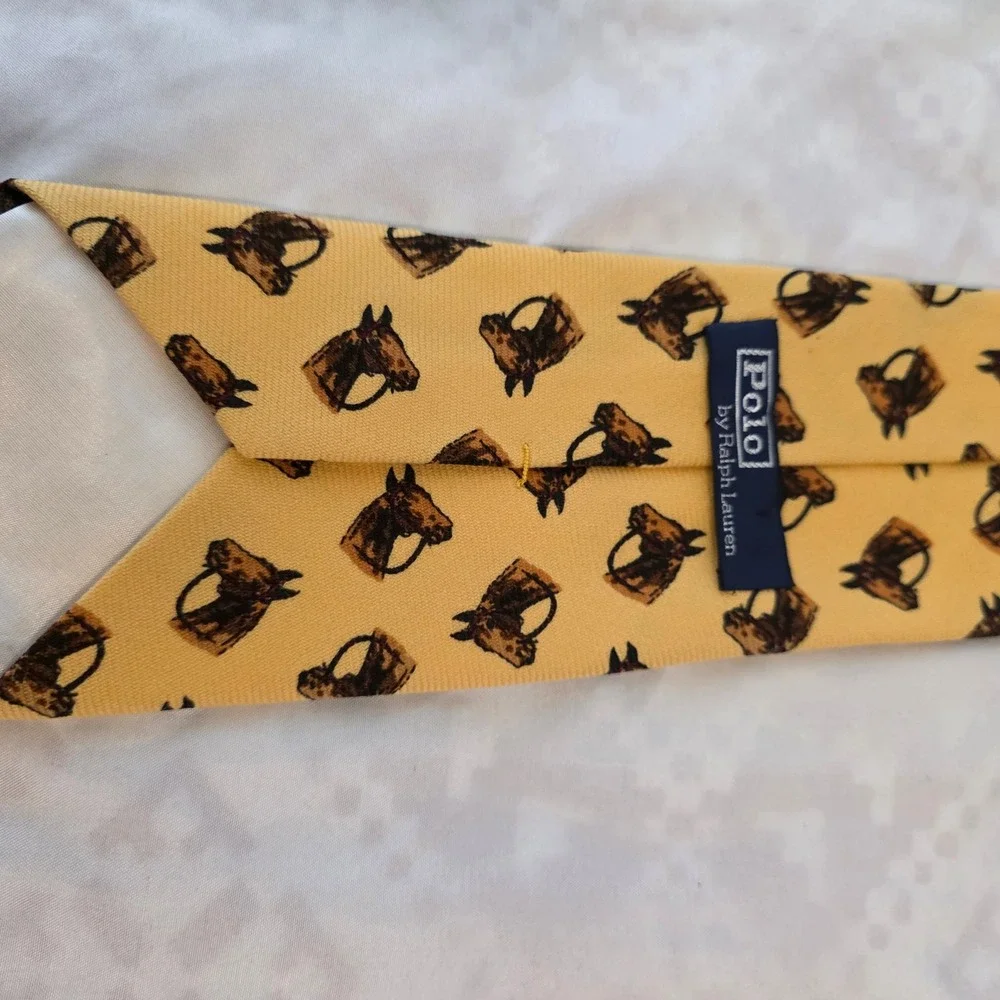 Vintage Wool Polo Ralph Lauren Mens Equestrian Horse Tie Yellow Wool Old Money
